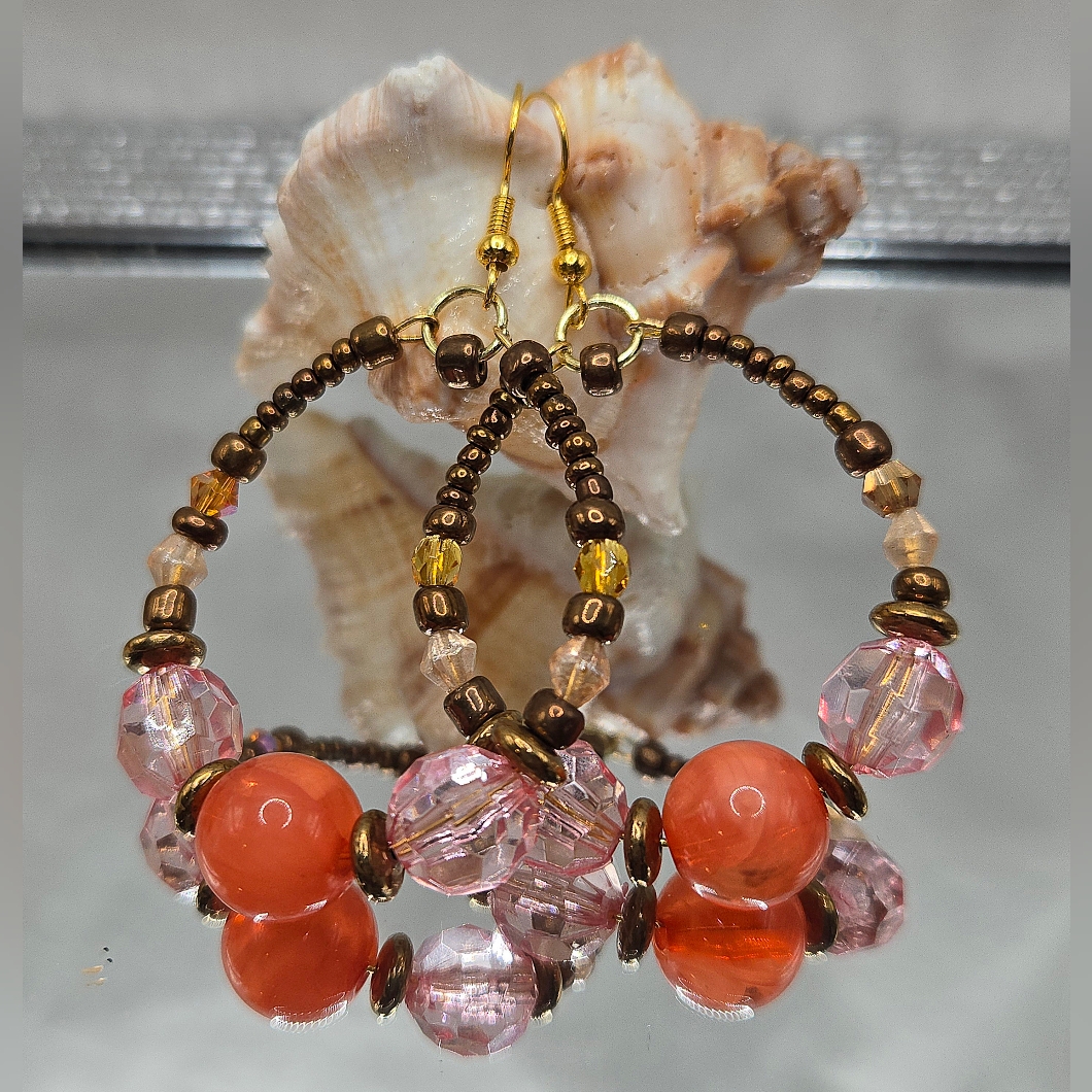Elegant Handmade Coral & Pink Beaded Hoop Earrings